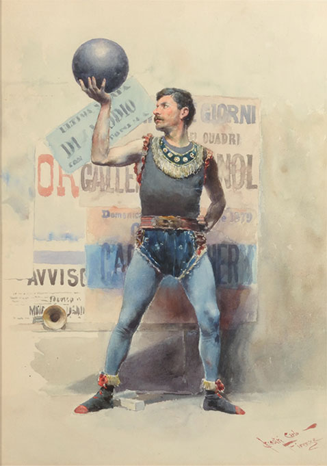 Dessin d’un homme en costume bleu qui tient un boulet de fer dans les airs d’un seul bras. Ce geste semble facile pour cet homme très musclé.